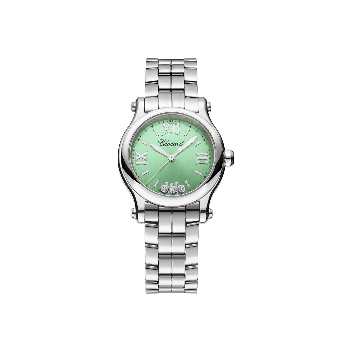 Chopard Happy Sport watch in stainless steel with moving diamonds and tsavorites