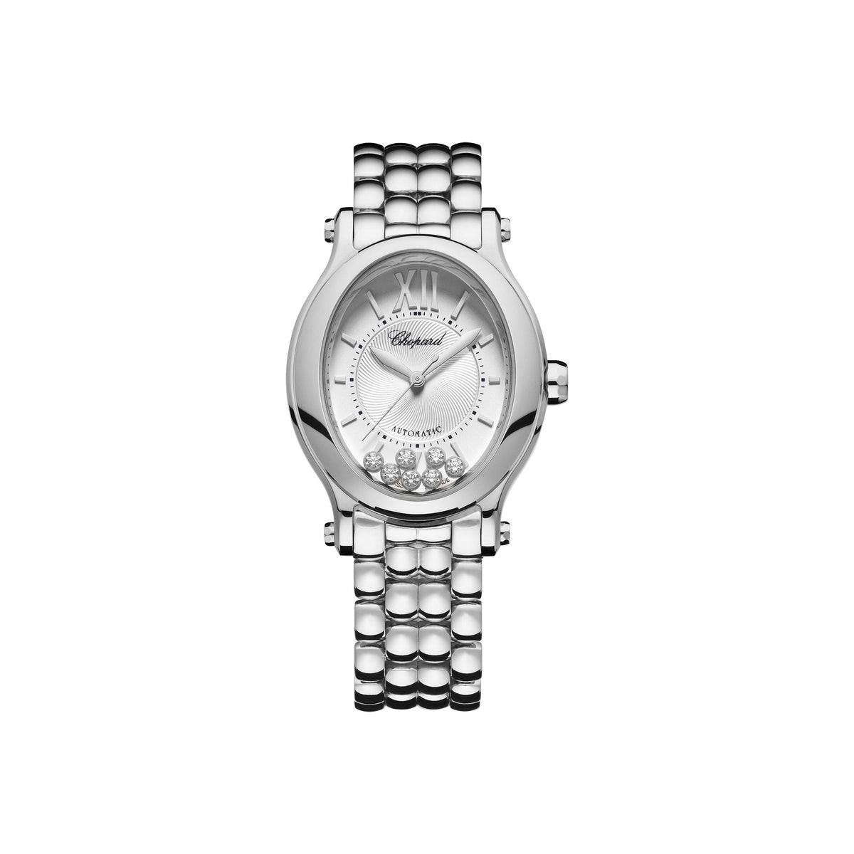 Chopard Happy Sport watch in stainless steel with moving diamonds and sapphires