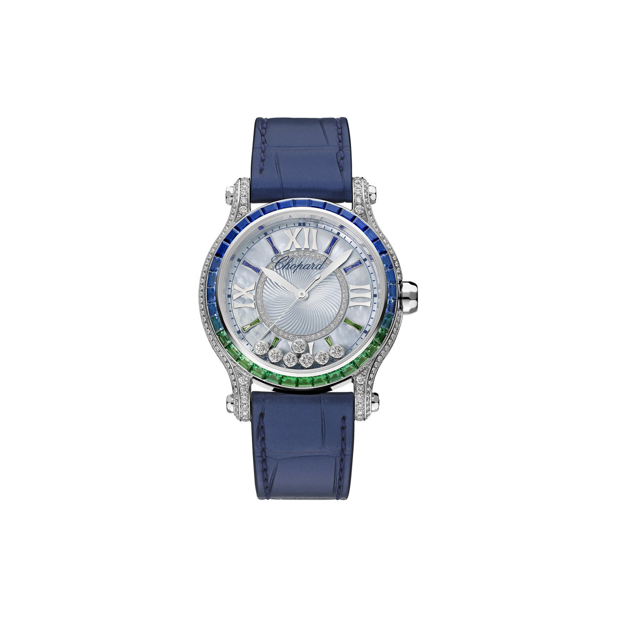 Chopard Happy Sport watch in 18k ethical white gold with diamonds, sapphires and emeralds
