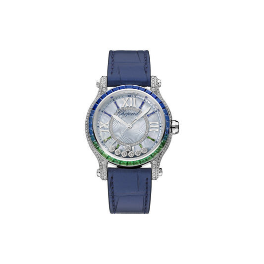 Chopard Happy Sport watch in 18k ethical white gold with diamonds, sapphires and emeralds