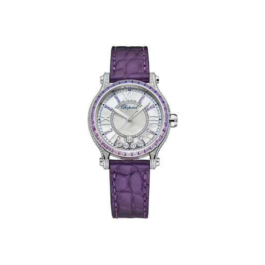 Chopard Happy Sport watch in 18k ethical white gold with diamonds and sapphires