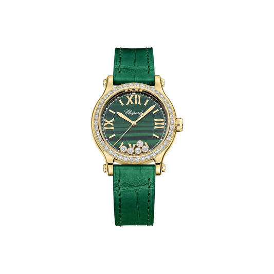 Chopard Happy Sport watch in 18k ethical yellow gold with moving diamonds, garnet and tsavorites