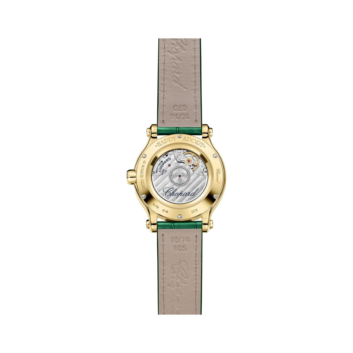 Chopard Happy Sport watch in 18k ethical yellow gold with moving diamonds, garnet and tsavorites, view 2