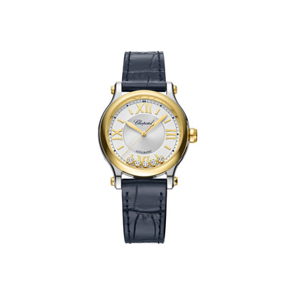 Chopard Happy Sport watch in 18k ethical yellow gold and stainless steel with moving diamonds and sapphires