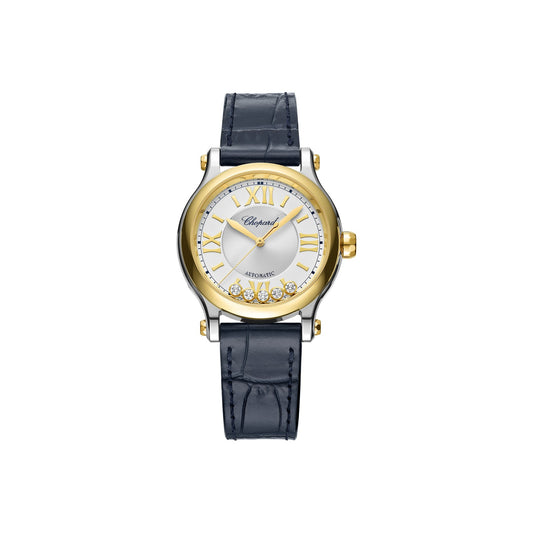Chopard Happy Sport watch in 18k ethical yellow gold and stainless steel with moving diamonds and sapphires