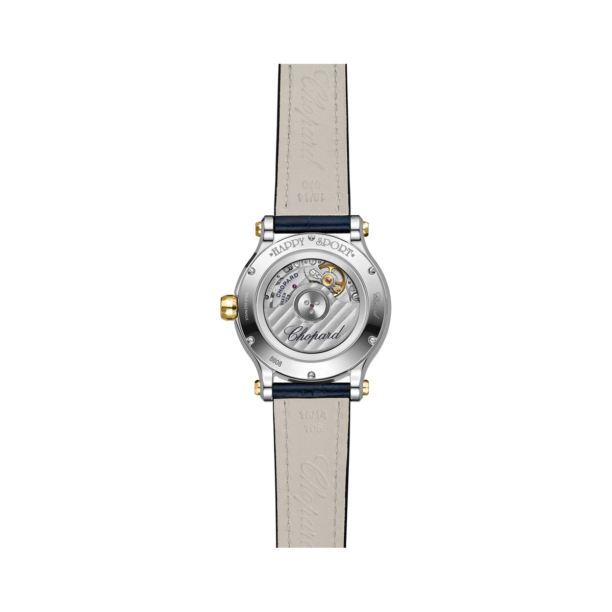 Chopard Happy Sport watch in 18k ethical yellow gold and stainless steel with moving diamonds and sapphires, view 2