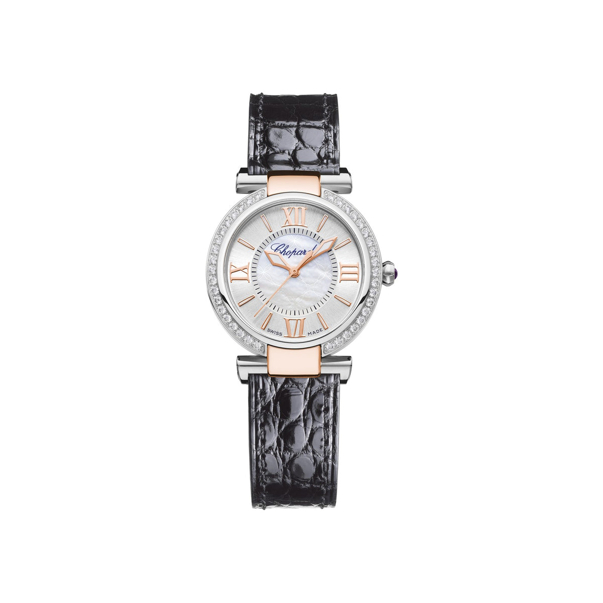 Chopard IMPERIALE watch in 18k ethical rose gold and stainless steel with diamonds and amethysts