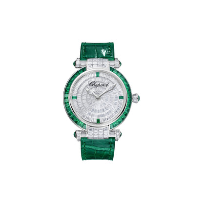 Chopard IMPERIALE watch in 18k ethical white gold with diamonds and emeralds