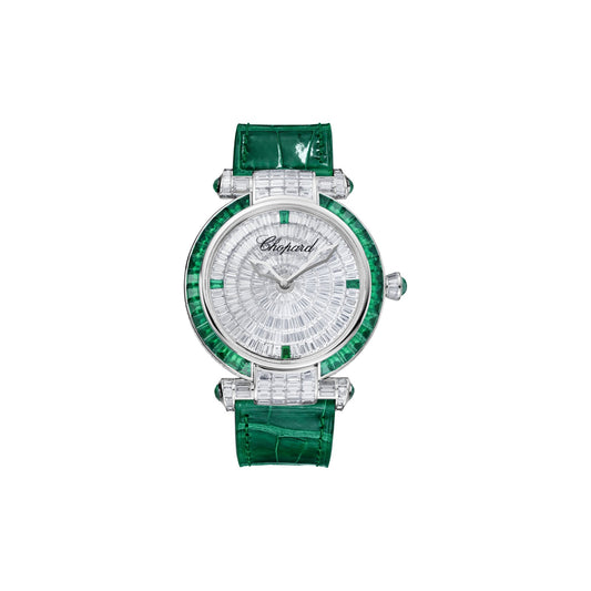 Chopard IMPERIALE watch in 18k ethical white gold with diamonds and emeralds