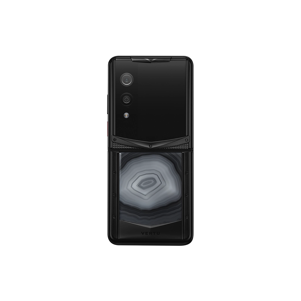 VERTU QUANTUM FLIP PHONE ETHEREAL MIST AGATE with hand-polished agate, back and front view