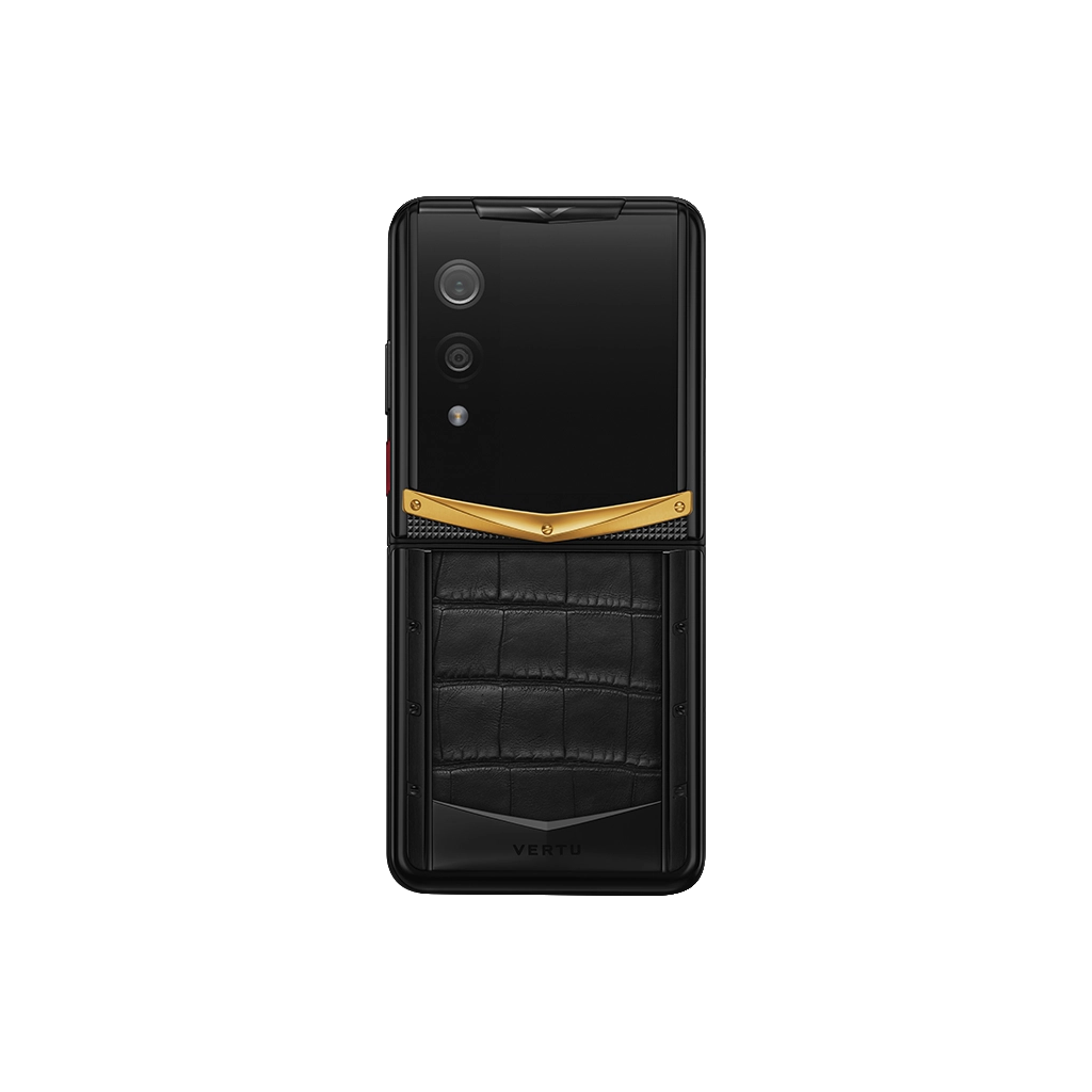 VERTU QUANTUM FLIP PHONE GOLD V IRON BLACK ALLIGATOR SKIN, front and back with alligator leather and gold case