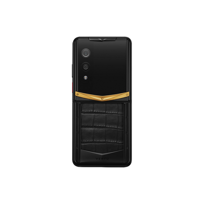 VERTU QUANTUM FLIP PHONE GOLD V IRON BLACK ALLIGATOR SKIN, front and back with alligator leather and gold case