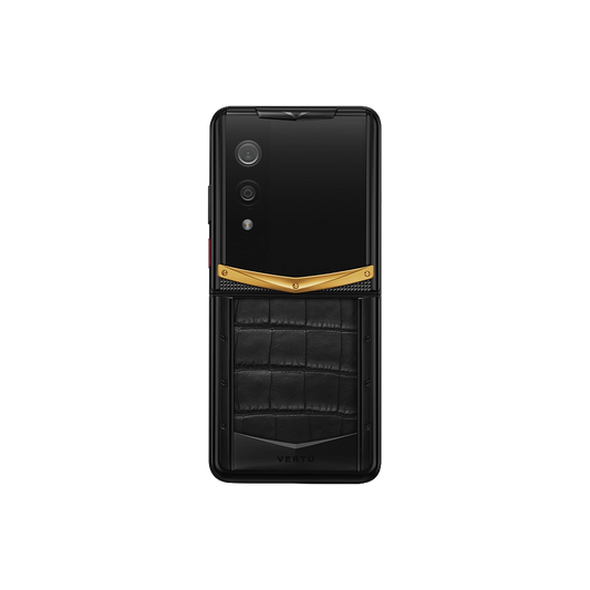 VERTU QUANTUM FLIP PHONE GOLD V IRON BLACK ALLIGATOR SKIN, front and back with alligator leather and gold case