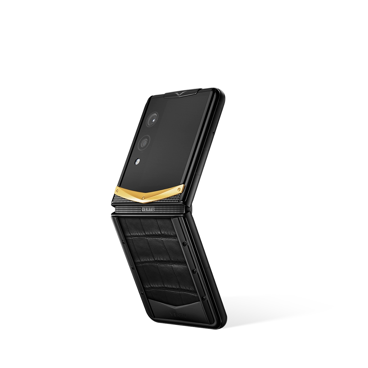 VERTU QUANTUM FLIP PHONE GOLD V IRON BLACK ALLIGATOR SKIN, shown from the back and the front, alligator leather and gold case