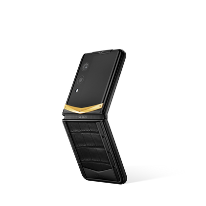 VERTU QUANTUM FLIP PHONE GOLD V IRON BLACK ALLIGATOR SKIN, shown from the back and the front, alligator leather and gold case