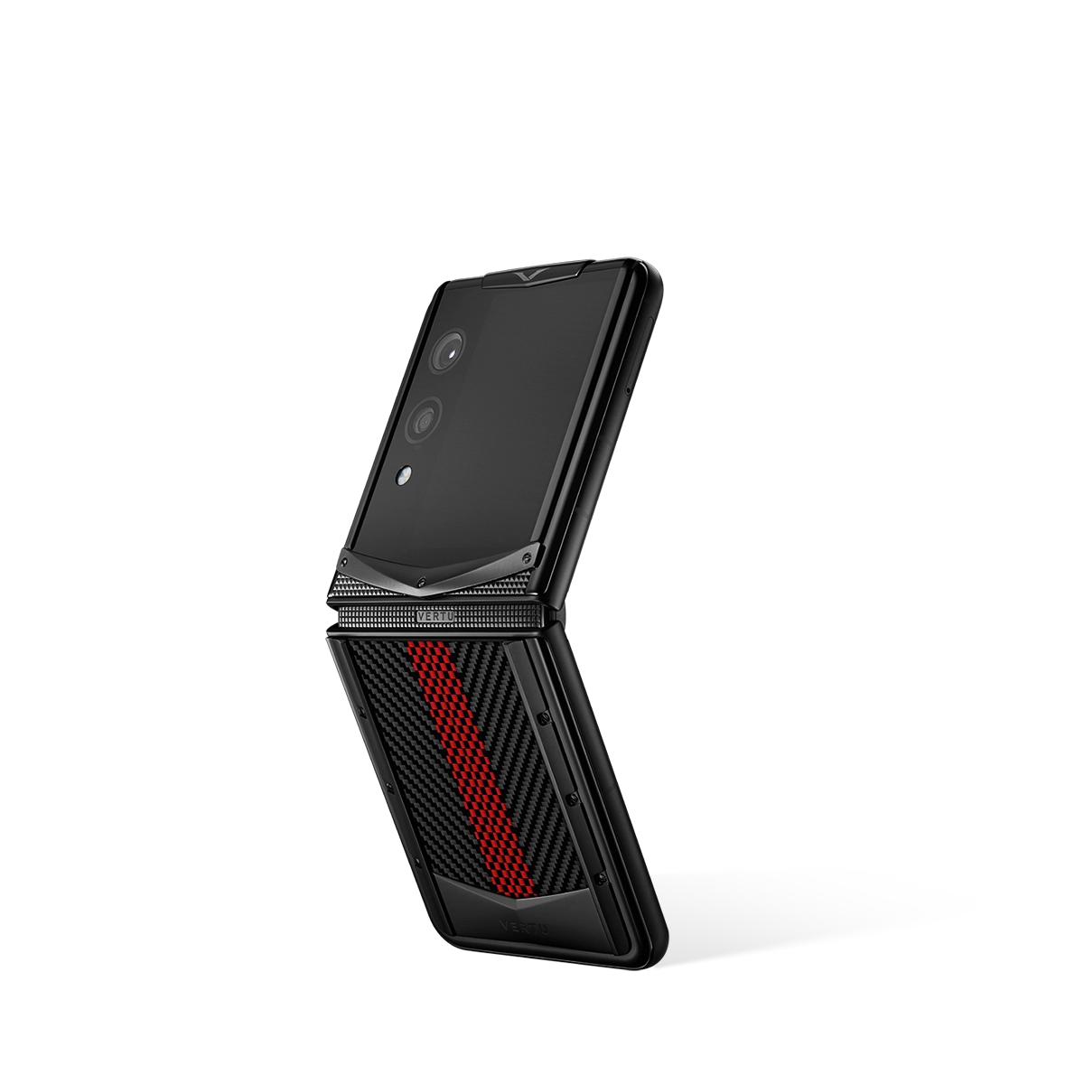 VERTU QUANTUM FLIP PHONE AUSPICIOUS PHOENIX CARBON TEXTURE, seen from above, carbon fiber