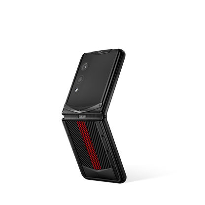 VERTU QUANTUM FLIP PHONE AUSPICIOUS PHOENIX CARBON TEXTURE, seen from above, carbon fiber