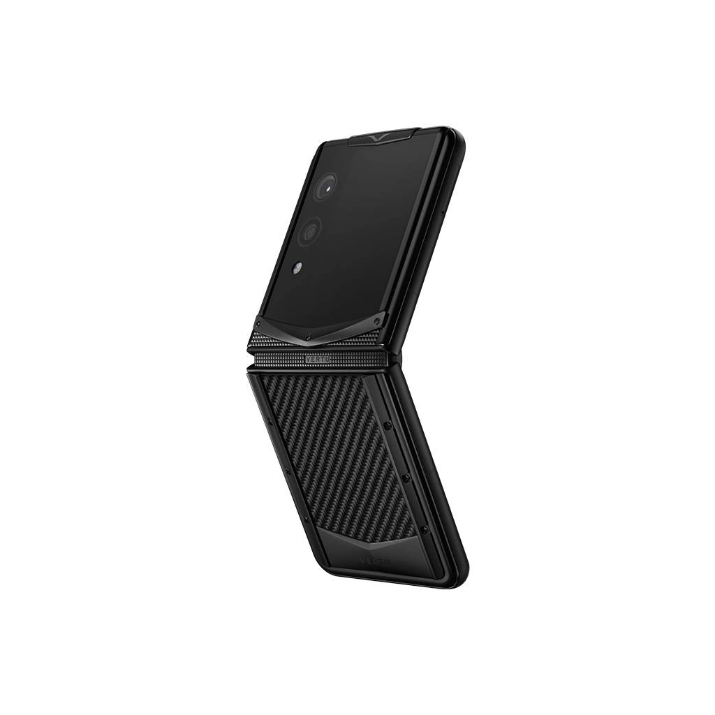 VERTU QUANTUM FLIP PHONE TAFFETA CARBON TEXTURE, carbon fiber case, three-quarter view