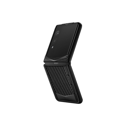 VERTU QUANTUM FLIP PHONE TAFFETA CARBON TEXTURE, carbon fiber case, three-quarter view