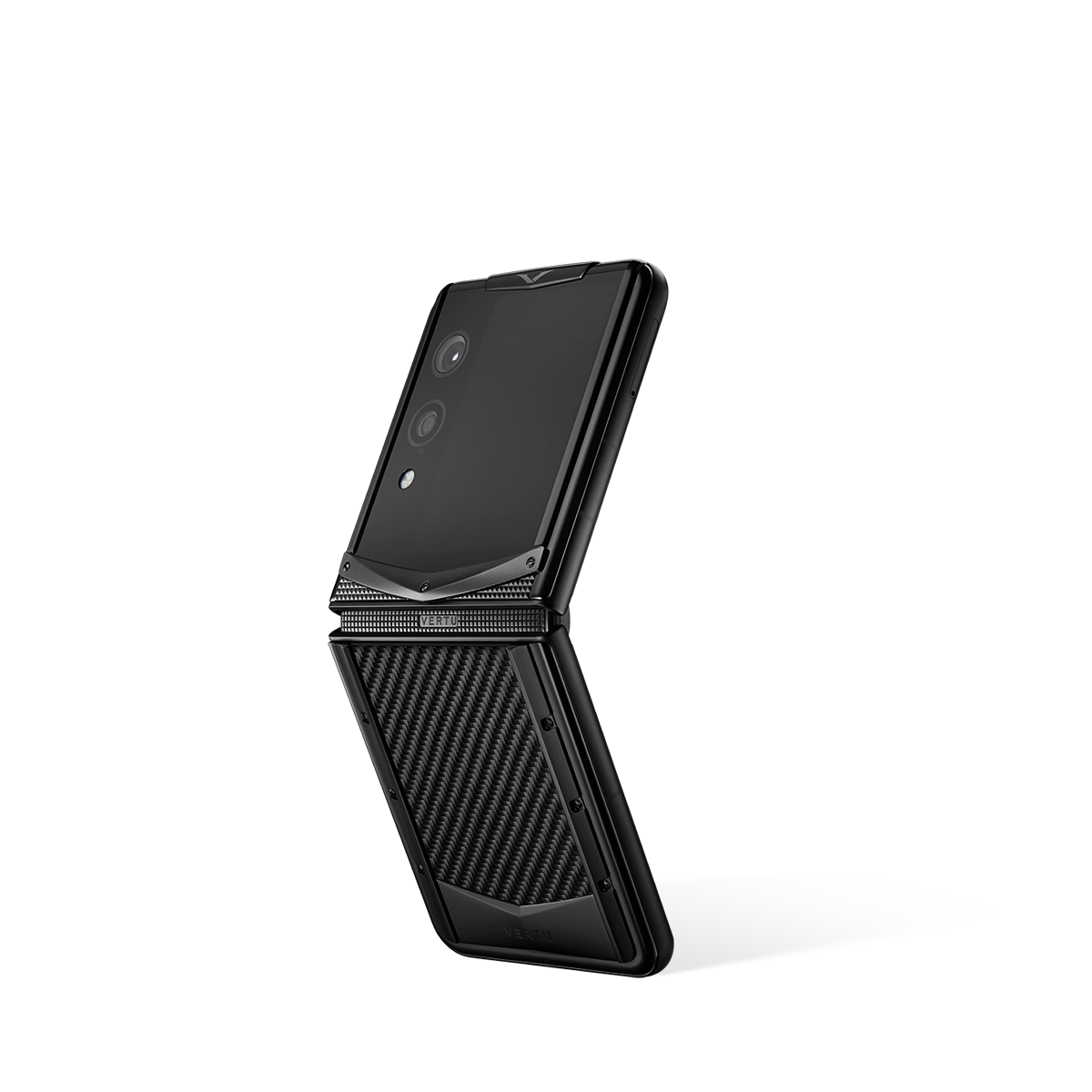 VERTU QUANTUM FLIP PHONE TAFFETA CARBON TEXTURE with carbon fiber, back and front view