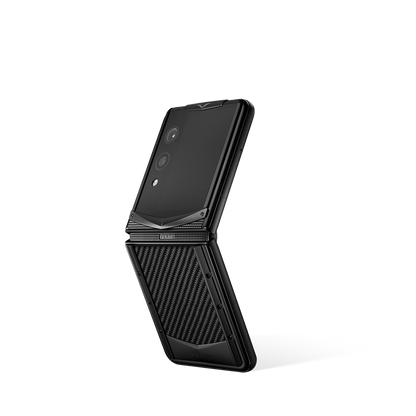 VERTU QUANTUM FLIP PHONE TAFFETA CARBON TEXTURE with carbon fiber, back and front view