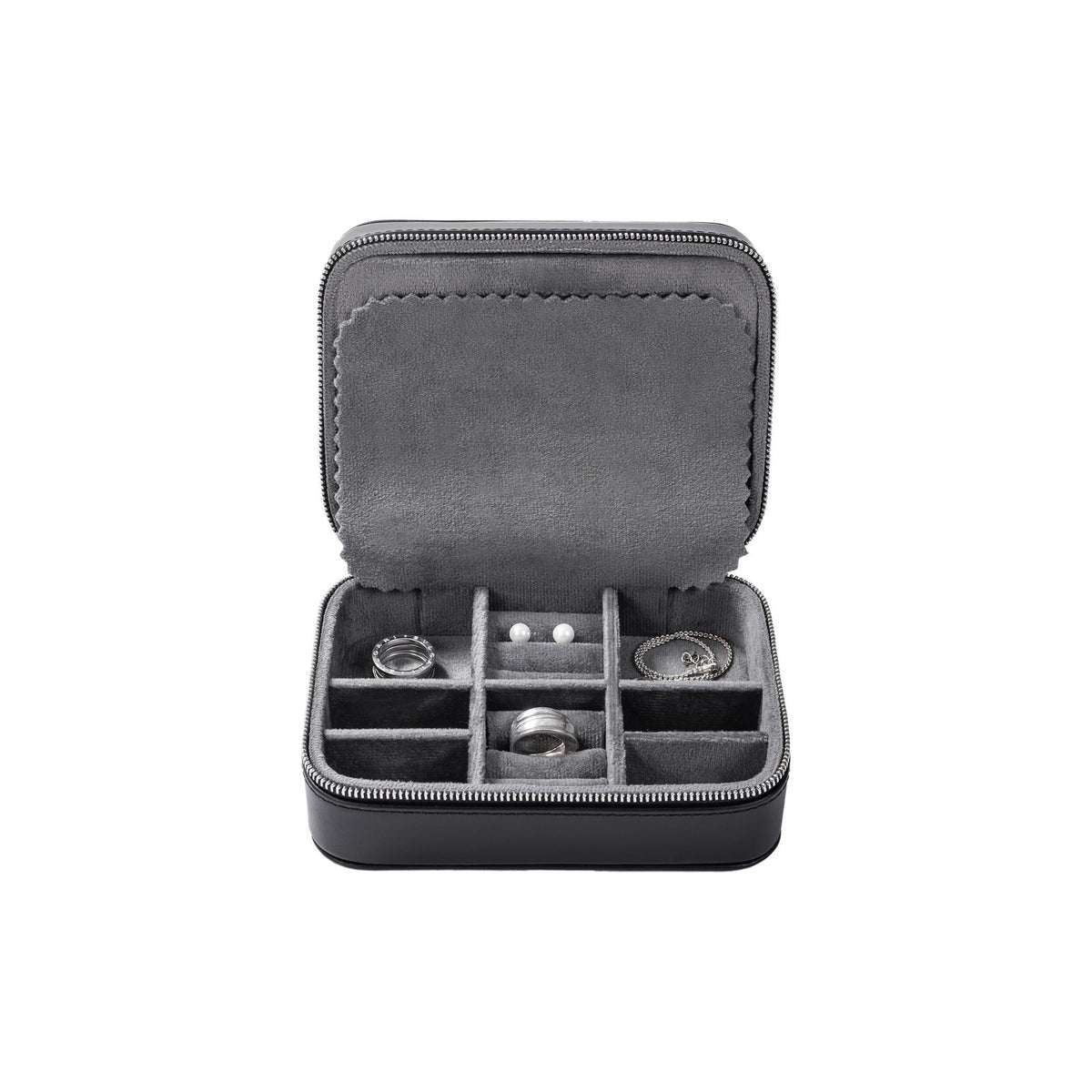 Buben & Zorweg Roma Jewellery Case, open, with rings, earrings and a bracelet in the compartments