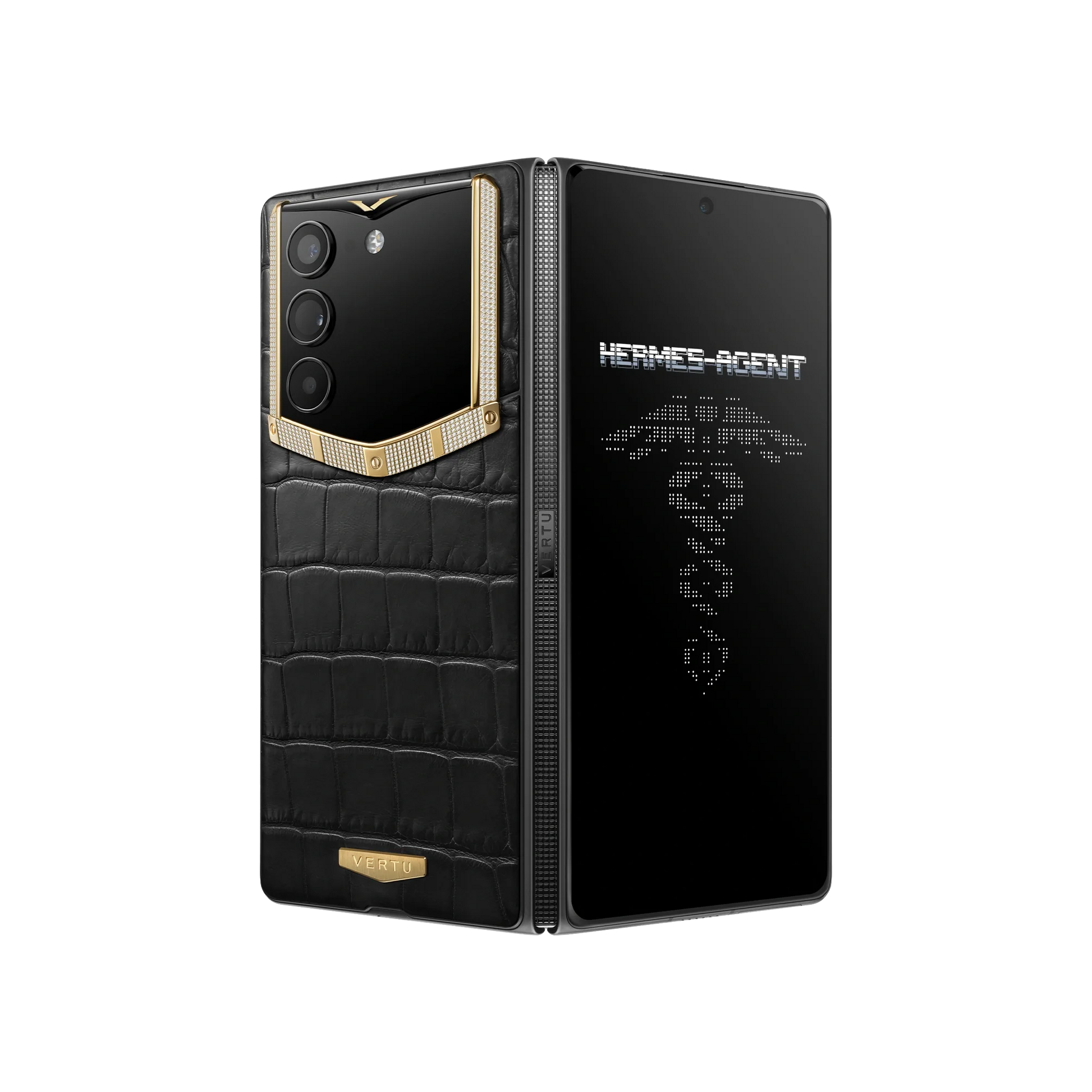 VERTU ALPHAFOLD Bespoke Gold and Diamond phone with alligator leather, folded upright