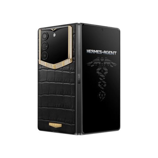 VERTU ALPHAFOLD Bespoke Gold and Diamond phone with alligator leather, folded upright