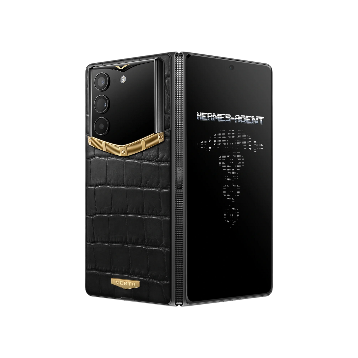 VERTU ALPHAFOLD Bespoke Gold II phone with alligator leather, folded and standing upright
