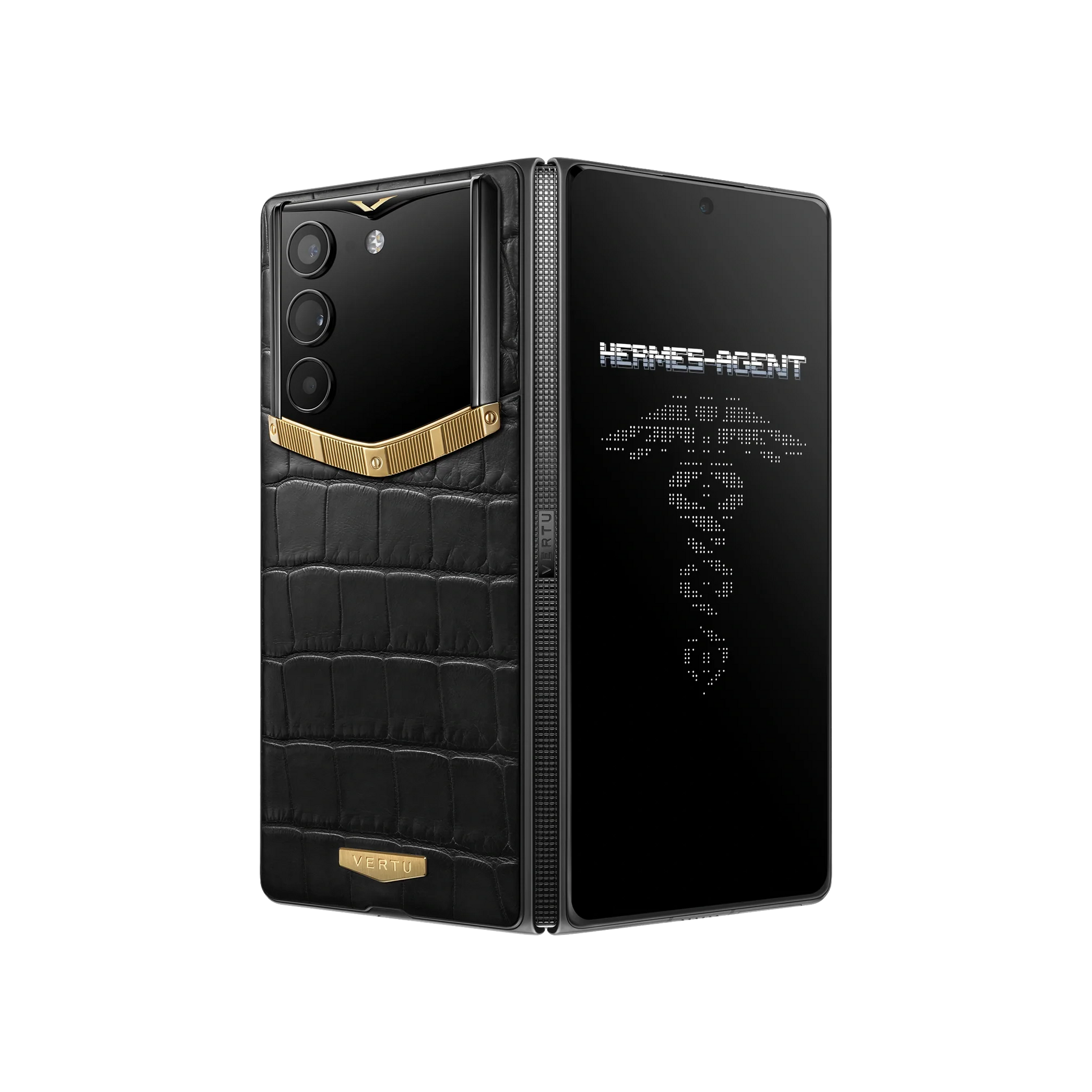 VERTU ALPHAFOLD Bespoke Gold II phone with alligator leather, folded and standing upright
