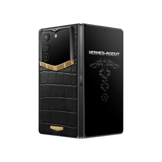 VERTU ALPHAFOLD Bespoke Gold II phone with alligator leather, folded and standing upright