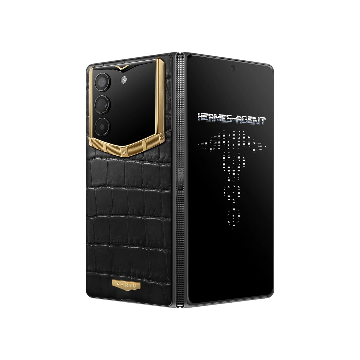 VERTU ALPHAFOLD Bespoke Gold IV phone in 18K gold with alligator leather, folded upright