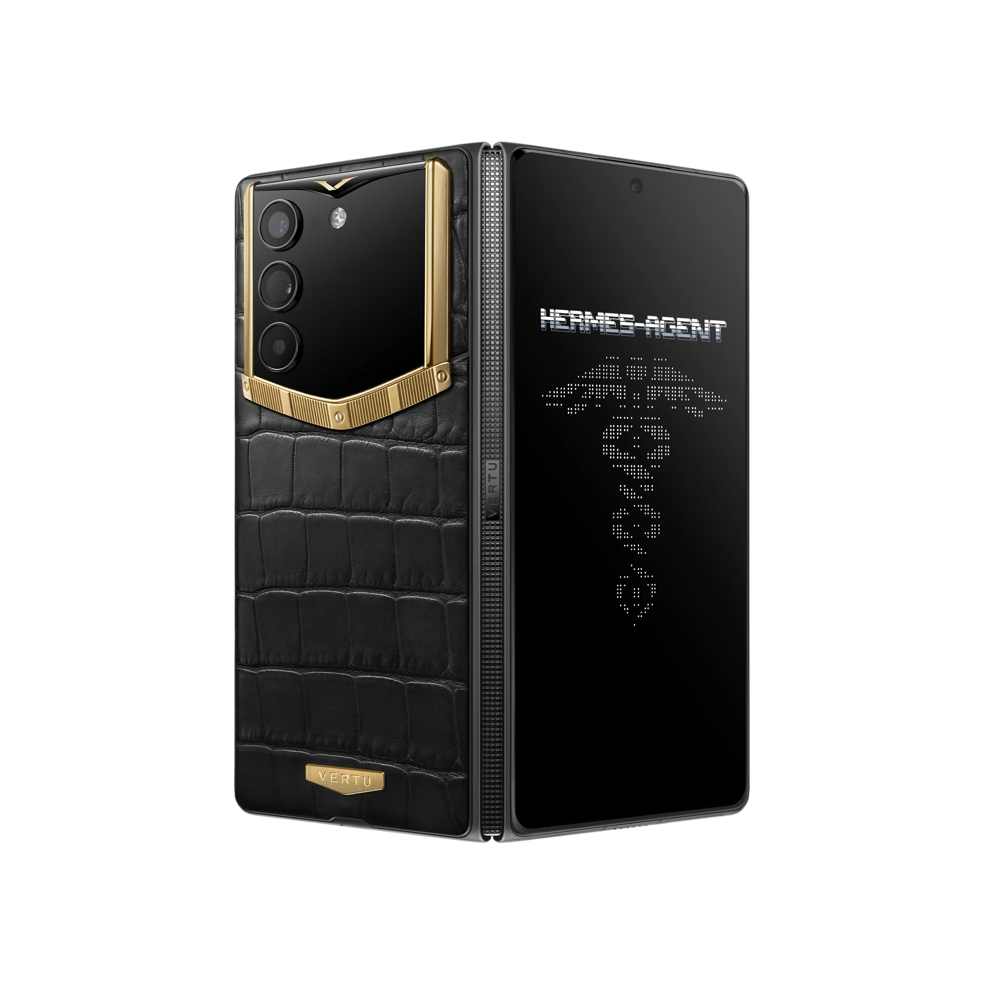 VERTU ALPHAFOLD Bespoke Gold IV phone in 18K gold with alligator leather, folded upright