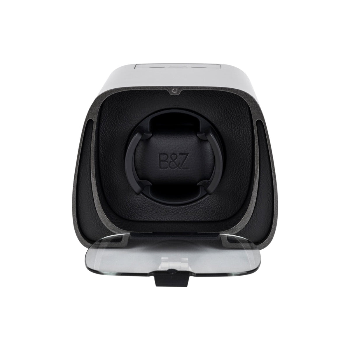 Buben & Zorweg Sphero Watch Winder, Obsidian Grey, front view with the glass cover open