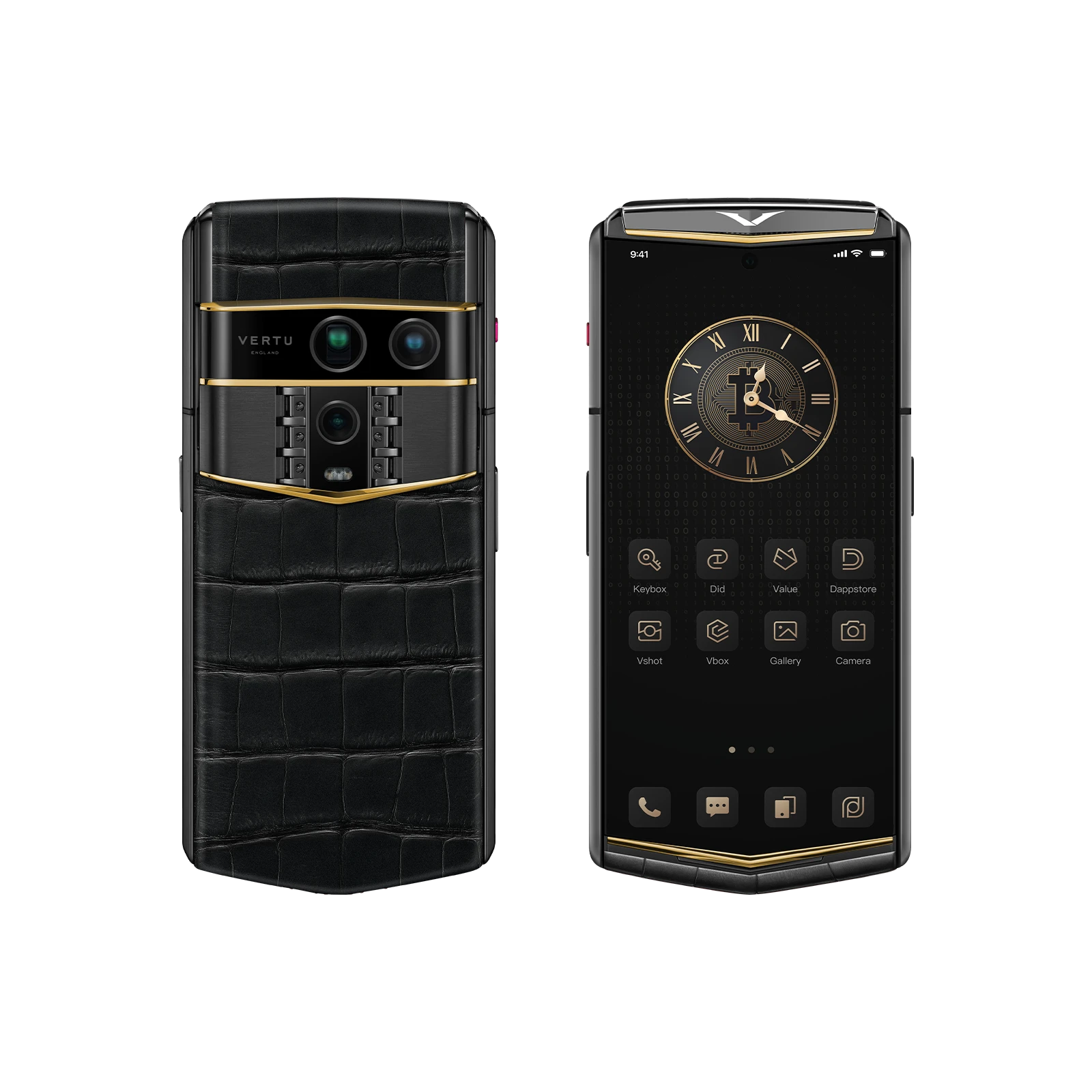 VERTU AGENT Q PHONE 27TH ANNIVERSARY LIMITED EDITION GOLD V ALLIGATOR SKIN, three-quarter view, alligator leather and gold
