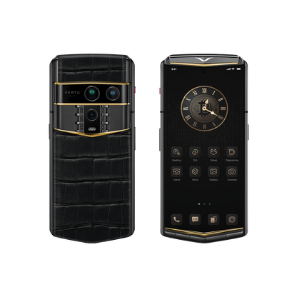 VERTU AGENT Q PHONE 27TH ANNIVERSARY LIMITED EDITION GOLD V ALLIGATOR SKIN, three-quarter view, alligator leather and gold