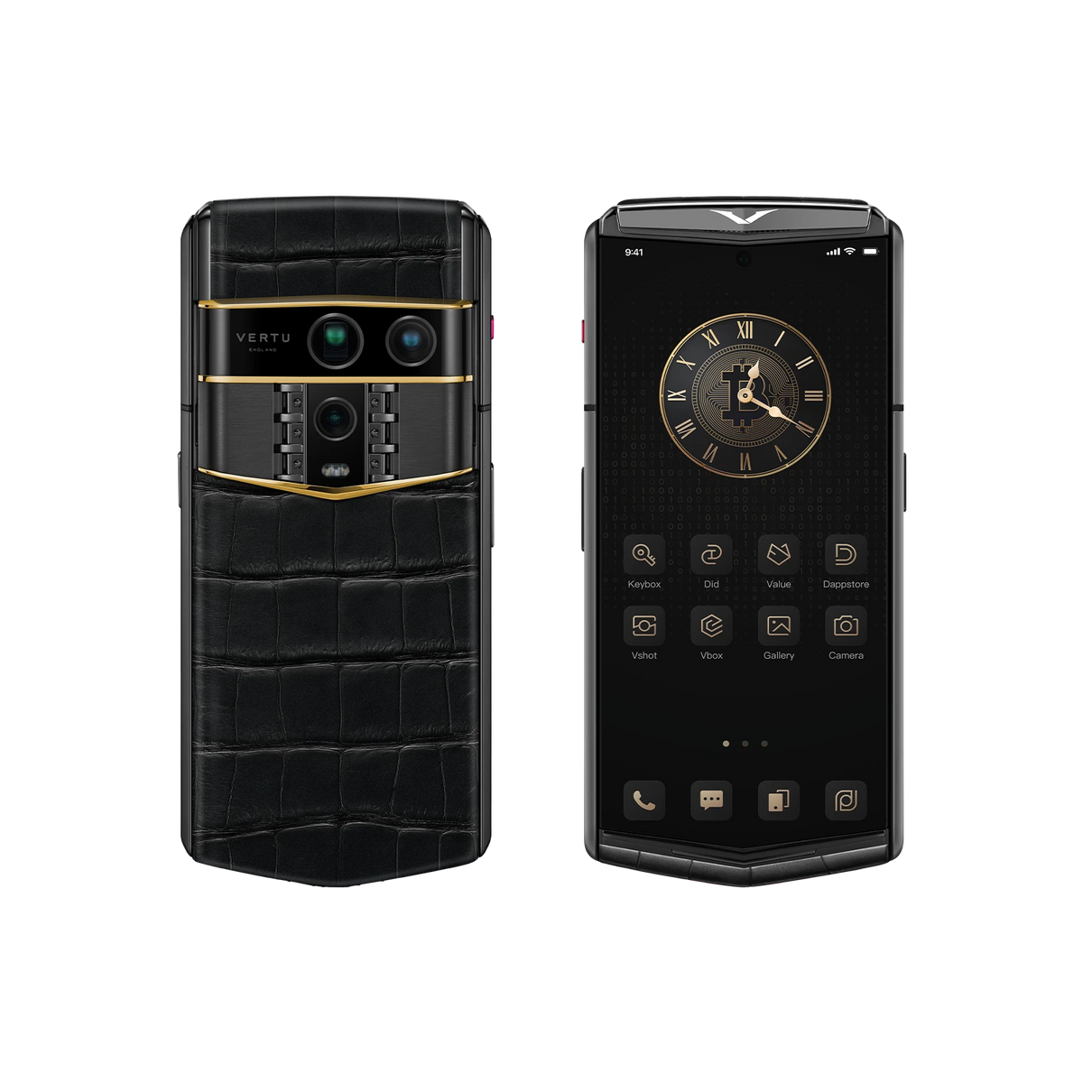 VERTU AGENT Q PHONE 27TH ANNIVERSARY LIMITED EDITION GOLD III ALLIGATOR SKIN, seen from above, alligator leather and gold