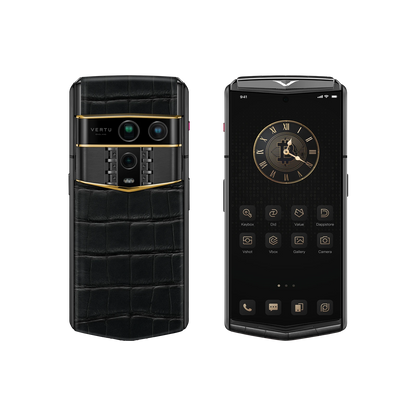 VERTU AGENT Q PHONE 27TH ANNIVERSARY LIMITED EDITION GOLD III ALLIGATOR SKIN, seen from above, alligator leather and gold