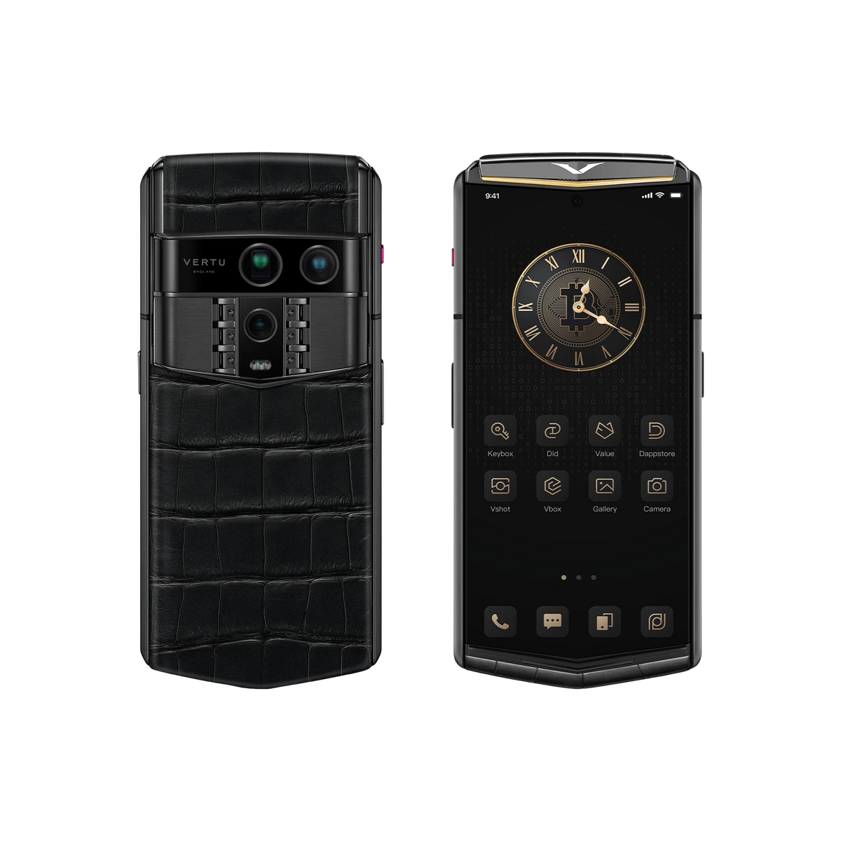 VERTU AGENT Q PHONE 27TH ANNIVERSARY LIMITED EDITION GOLD I ALLIGATOR SKIN, close-up of the case, alligator leather and gold