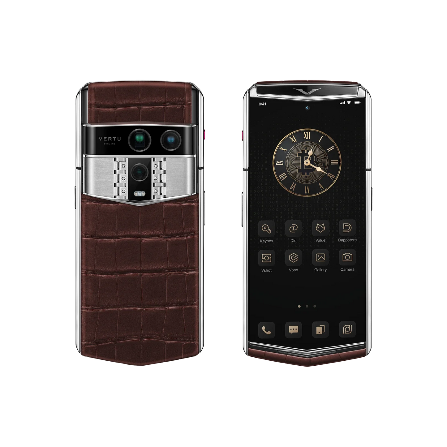 VERTU AGENT Q PHONE AMBER BROWN ALLIGATOR SKIN, side profile with the hinge with alligator leather case