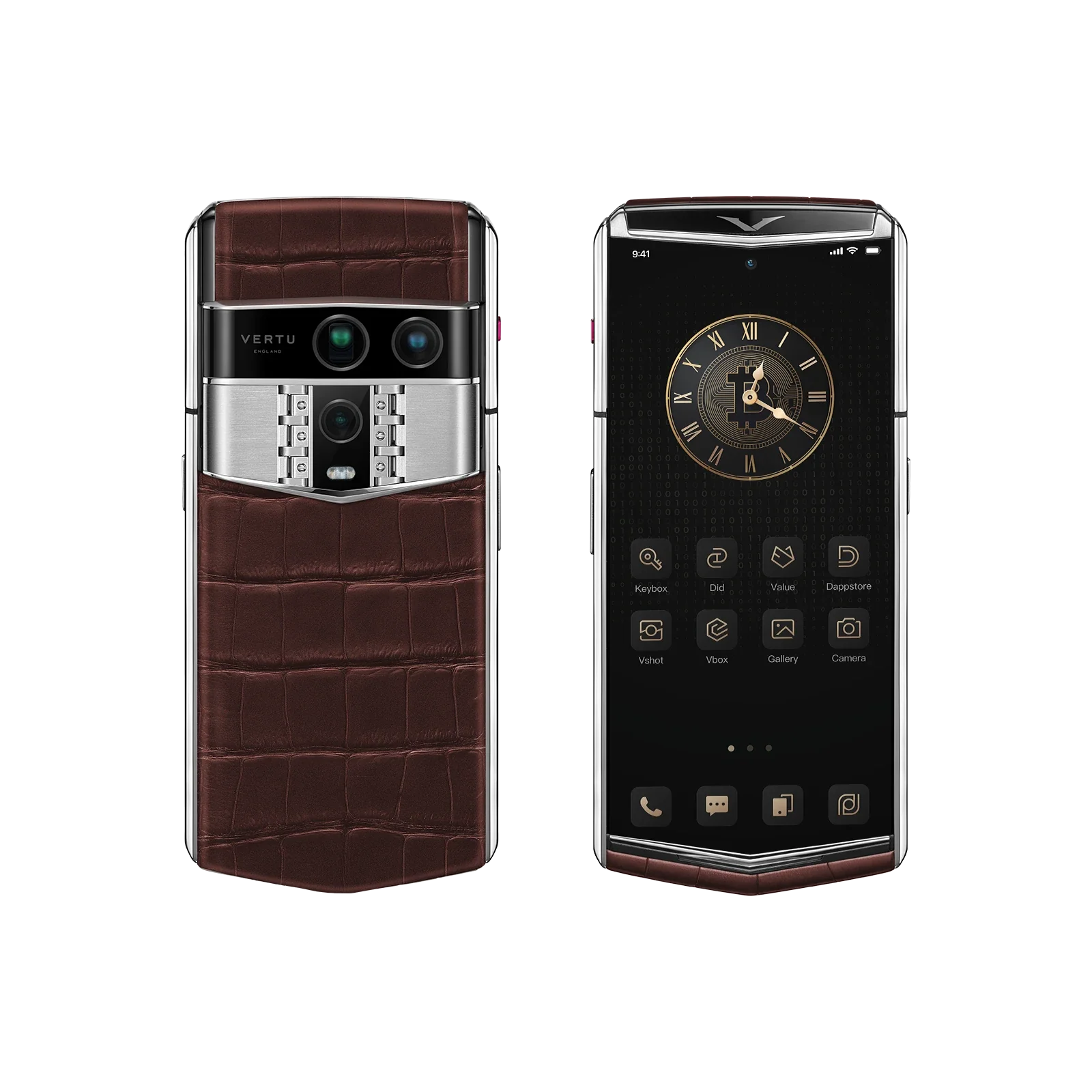 VERTU AGENT Q PHONE AMBER BROWN ALLIGATOR SKIN, side profile with the hinge with alligator leather case