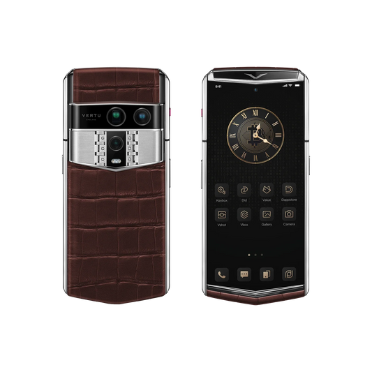 VERTU AGENT Q PHONE AMBER BROWN ALLIGATOR SKIN, side profile with the hinge with alligator leather case
