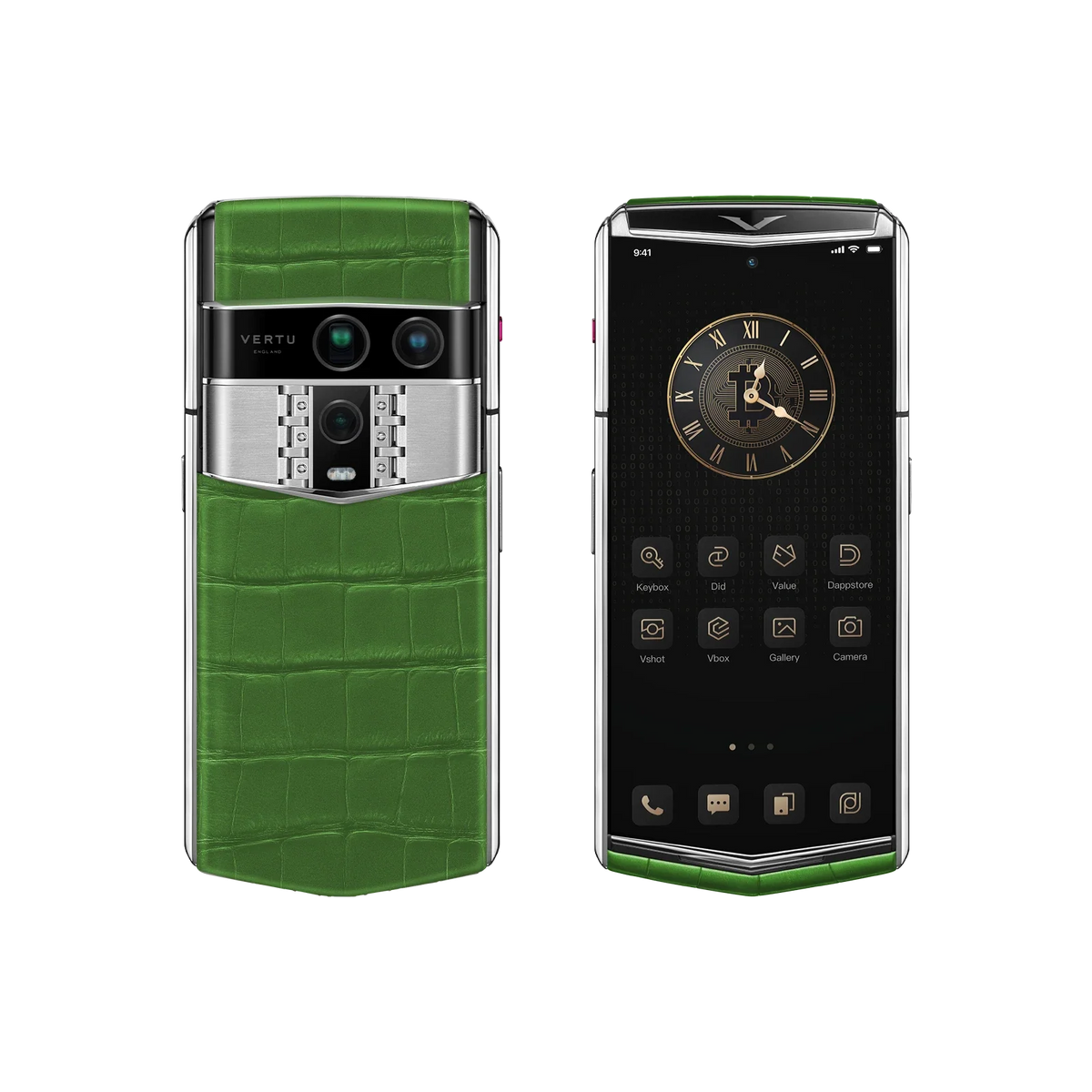 VERTU AGENT Q PHONE BAMBOO GREEN ALLIGATOR SKIN, alligator leather case, seen from above