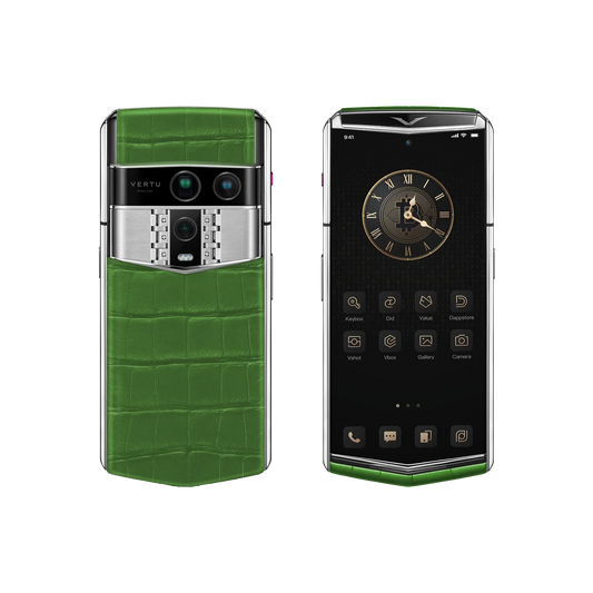 VERTU AGENT Q PHONE BAMBOO GREEN ALLIGATOR SKIN, alligator leather case, seen from above