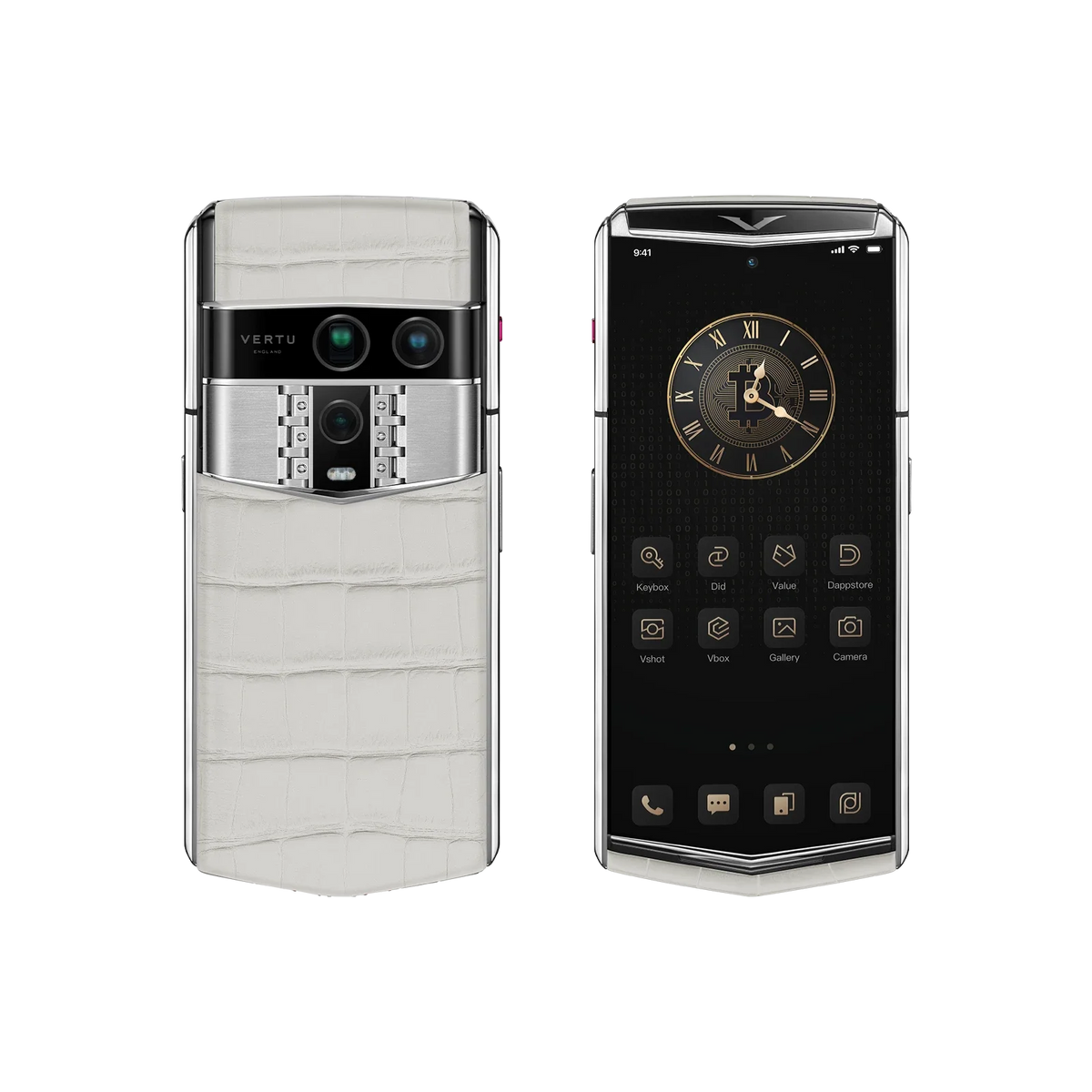 VERTU AGENT Q PHONE GLACIER WHITE ALLIGATOR SKIN, shown from the back and the front with alligator leather case