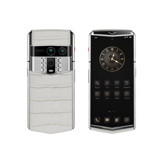 VERTU AGENT Q PHONE GLACIER WHITE ALLIGATOR SKIN, shown from the back and the front with alligator leather case