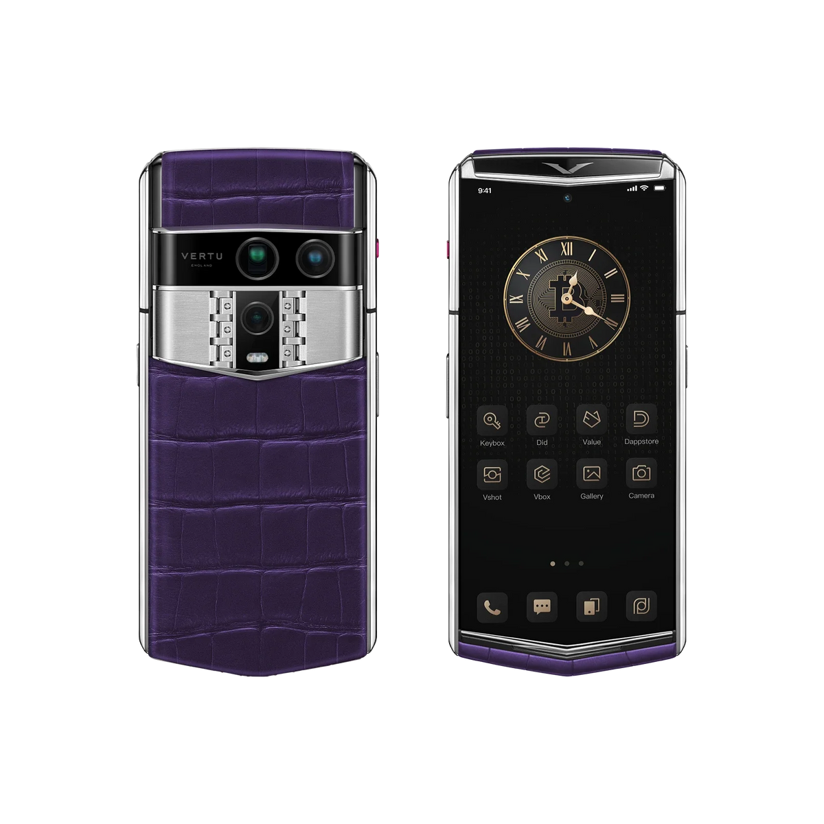 VERTU AGENT Q PHONE GRAPE PURPLE ALLIGATOR SKIN, close-up of the case, alligator leather