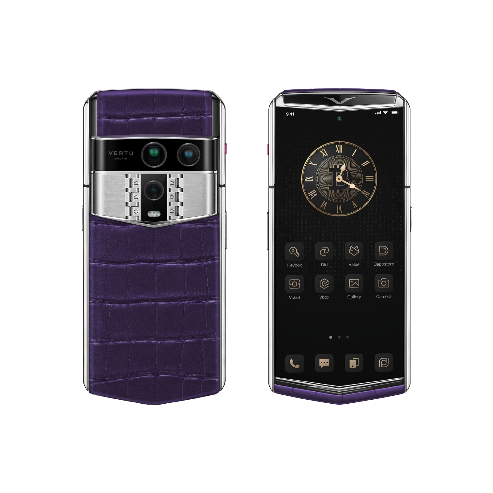 VERTU AGENT Q PHONE GRAPE PURPLE ALLIGATOR SKIN, close-up of the case, alligator leather