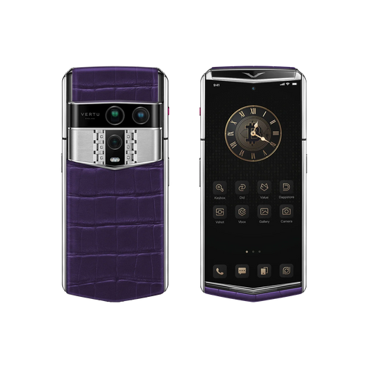 VERTU AGENT Q PHONE GRAPE PURPLE ALLIGATOR SKIN, close-up of the case, alligator leather