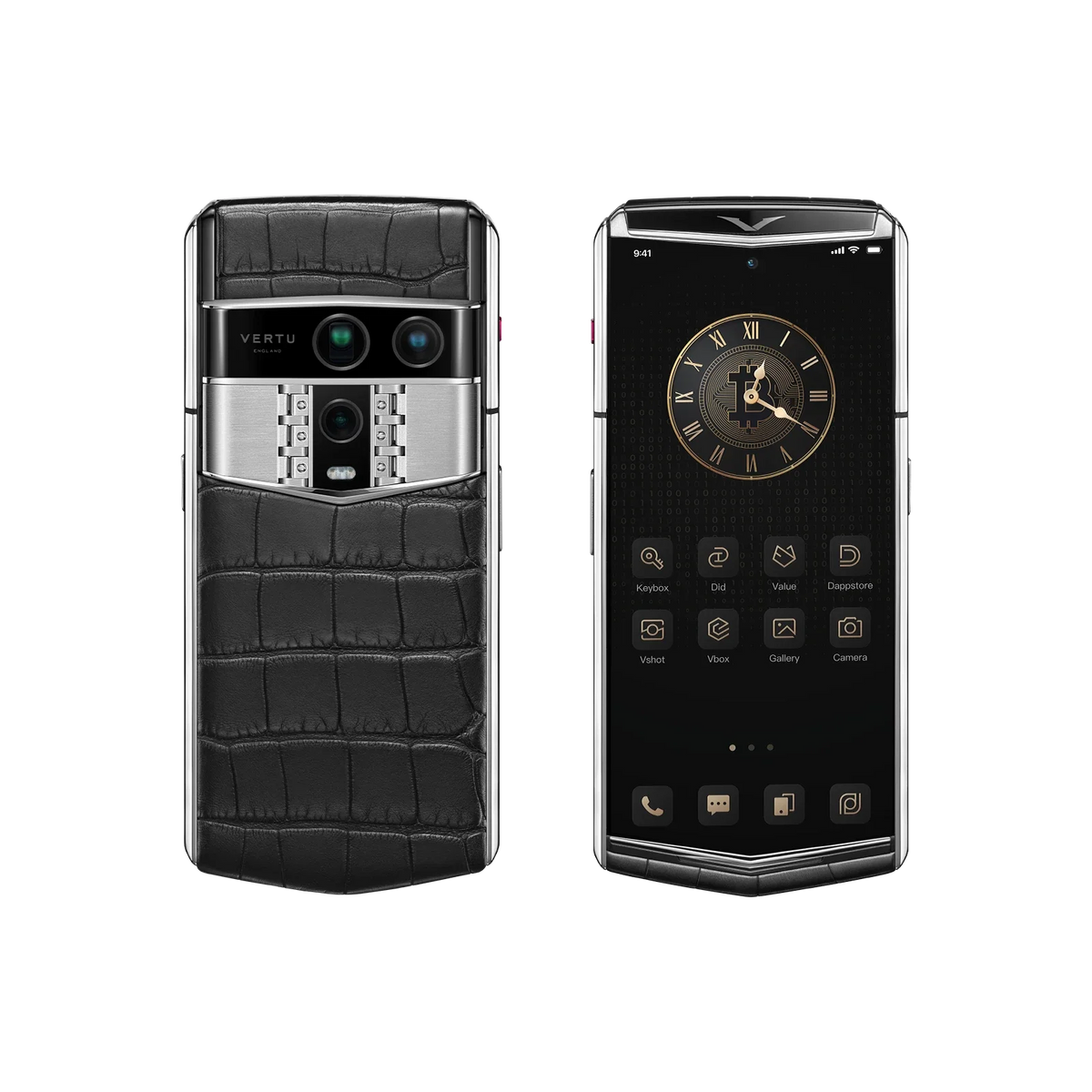 VERTU AGENT Q PHONE IRON BLACK ALLIGATOR SKIN with alligator leather, closed, seen from the front